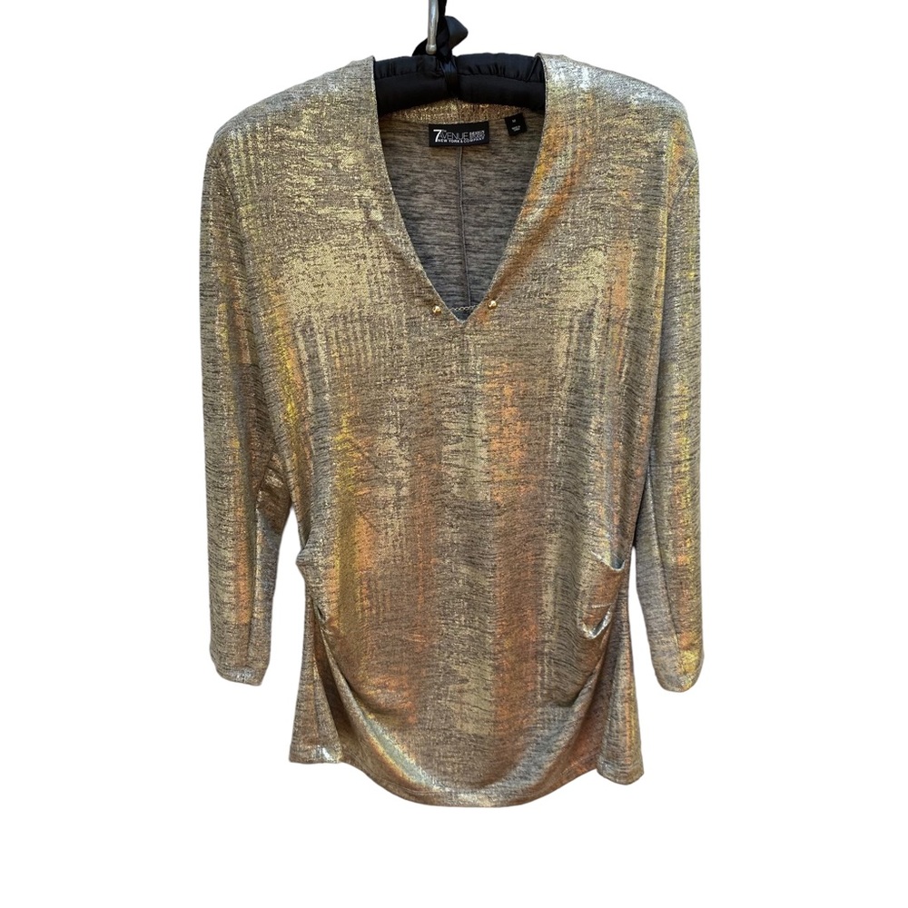 7th Avenue Design Studio Gold Metallic V Neck Size M EUC!
